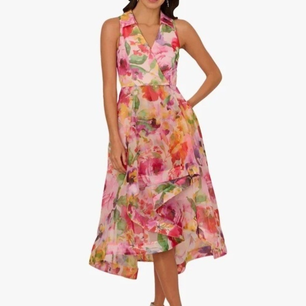 Adrianna Papell Floral Print High Low Pink A Line V Neck Dress Womens Size 0